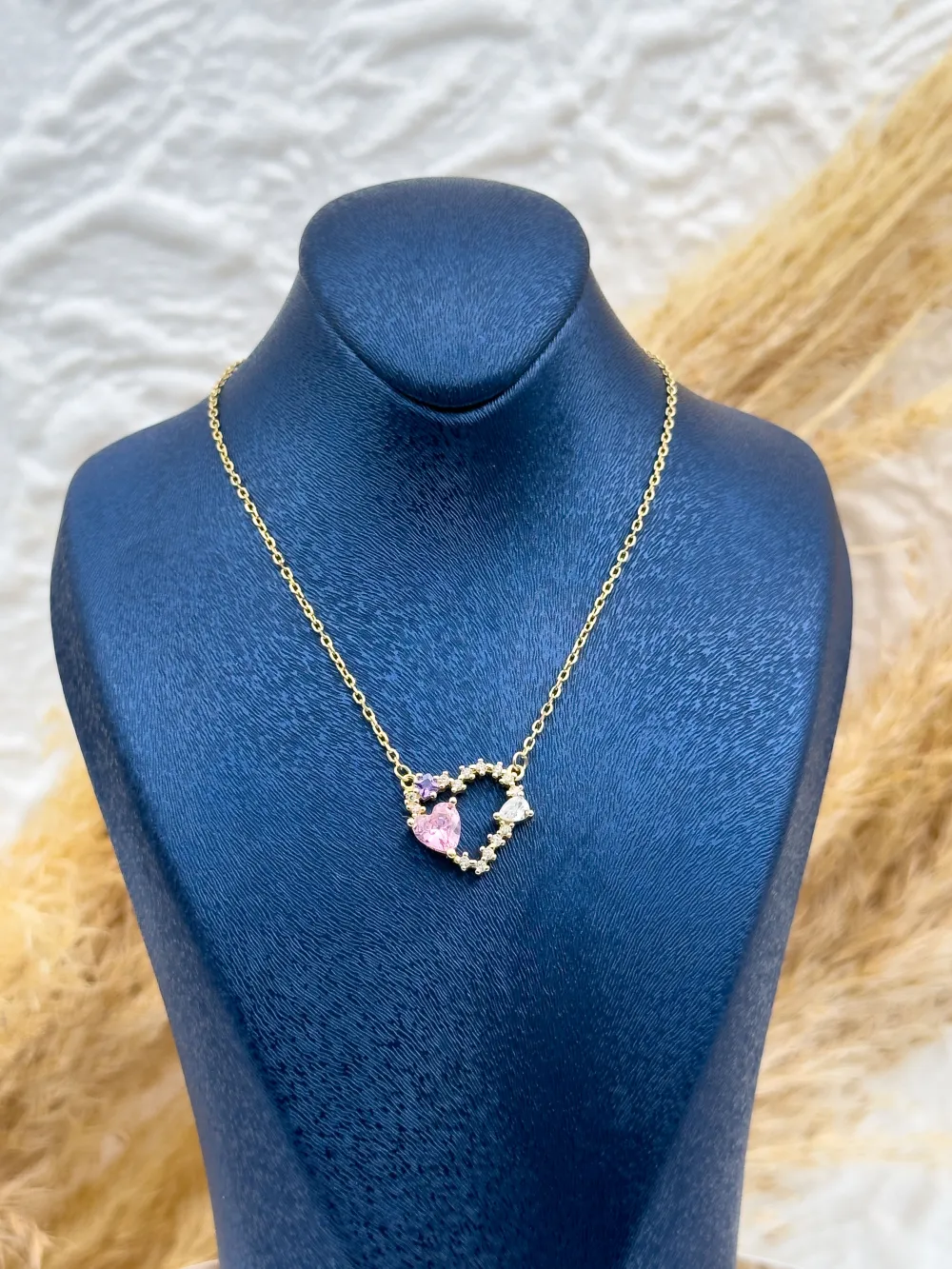 925 Ayar Gümüş Gold Renk Pembe Kuvars Taşlı Kalpli Kadın Kolye – Özel Tasarım Hediyelik